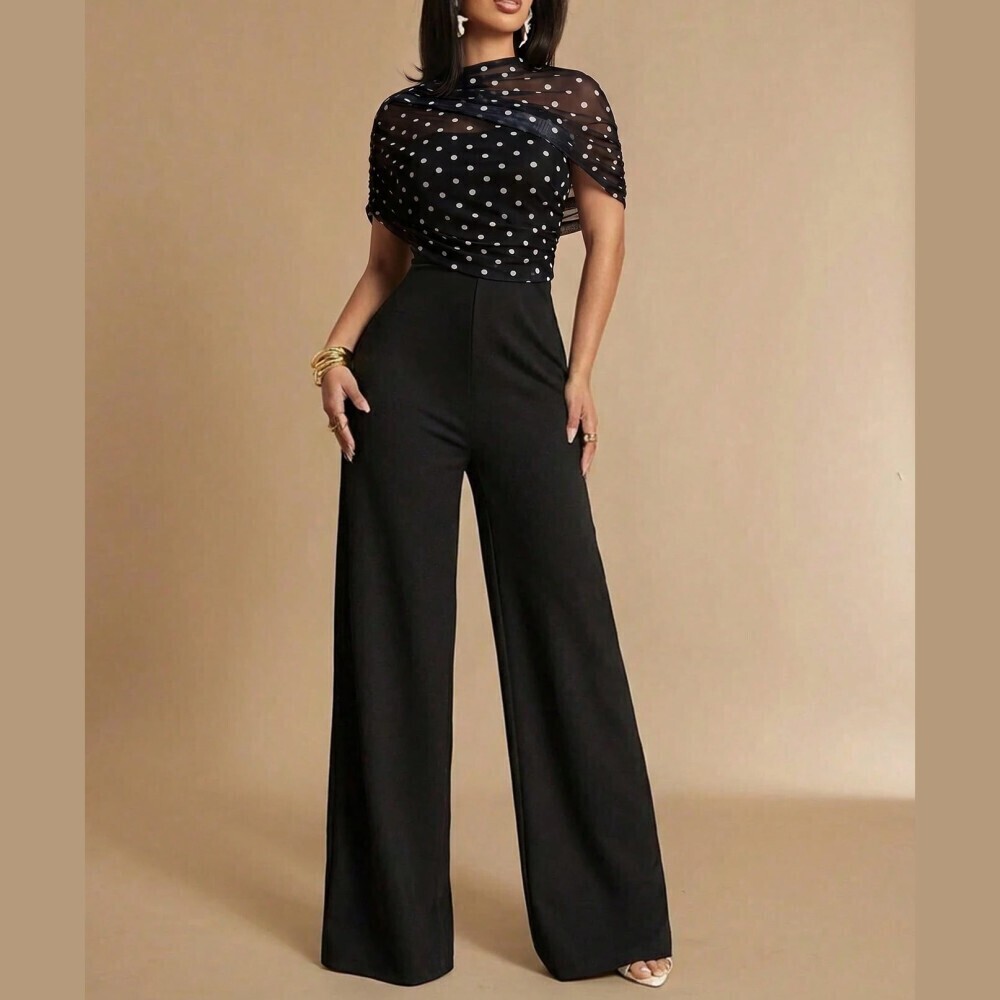 Black Polka Dot Mesh Sheer Draped Top Wide Leg Jumpsuit